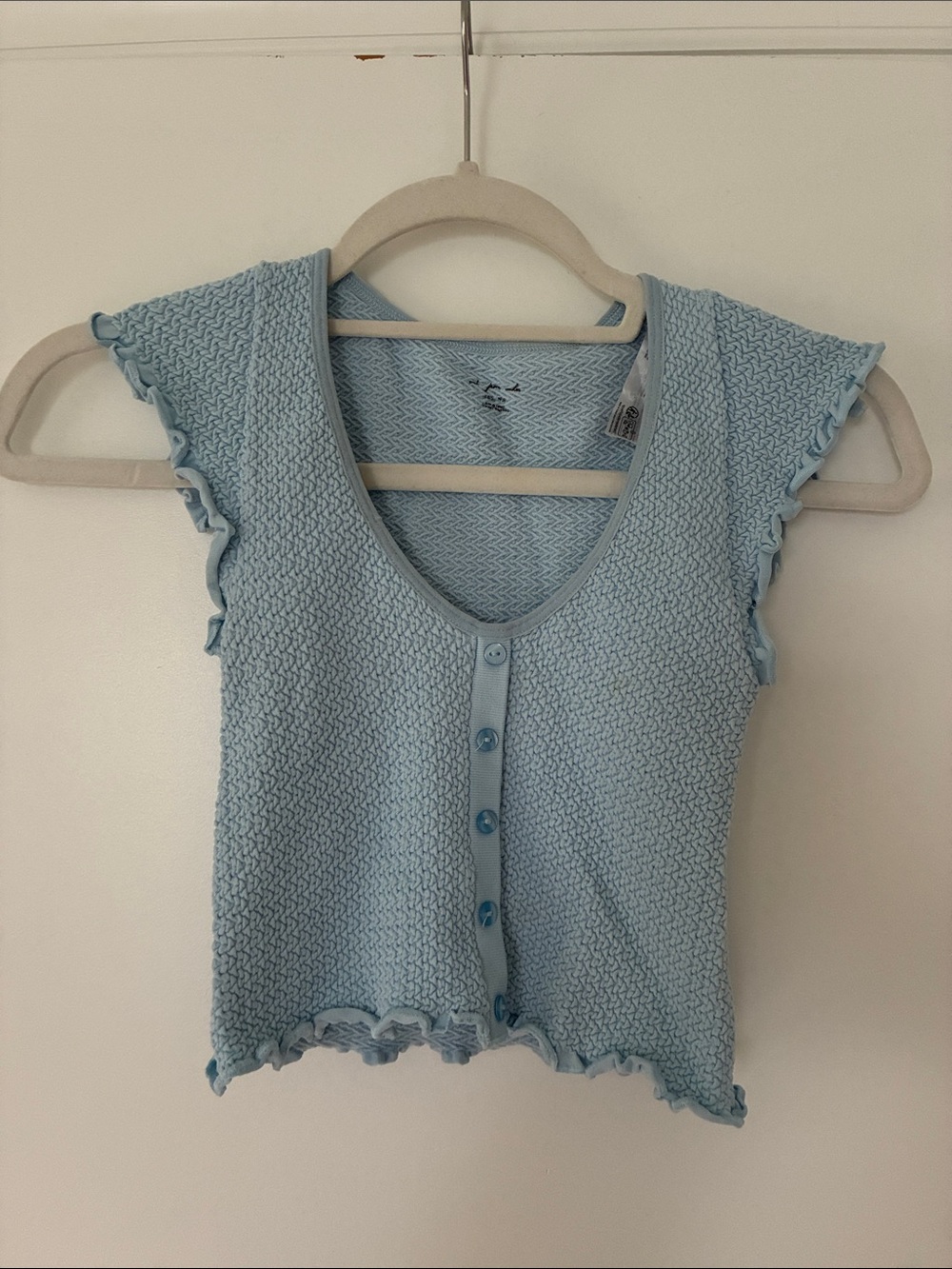 Out from Under Light Blue Ruffle Sleeve Knit Button-Front Top
